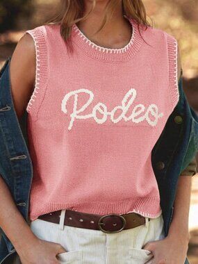 Pink Casual Women's Round Neck Multi Stitch Rodeo Embroidered Sweater Vest